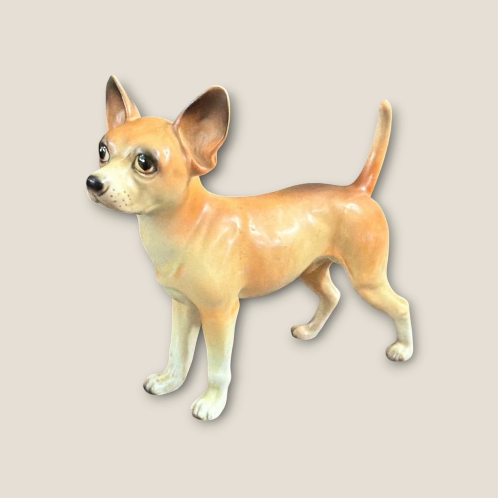 Vintage Lefton Chihuahua Dog Figurine with Foil Sticker H3679 Japan 5.5" MCM Art